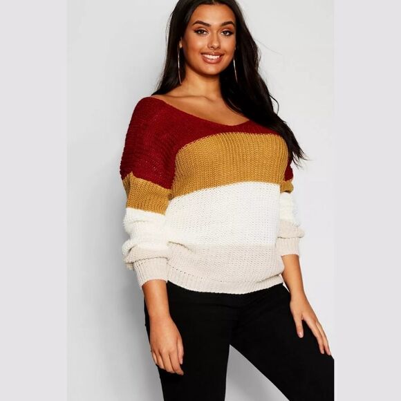 Boohoo Red Plus Stripe Knot Back Sweater - Picture 2 of 9